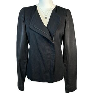 Vince Women Blazer Jacket Sz 8/M Zip Linen Blend Leather Sleeve Black Luxe